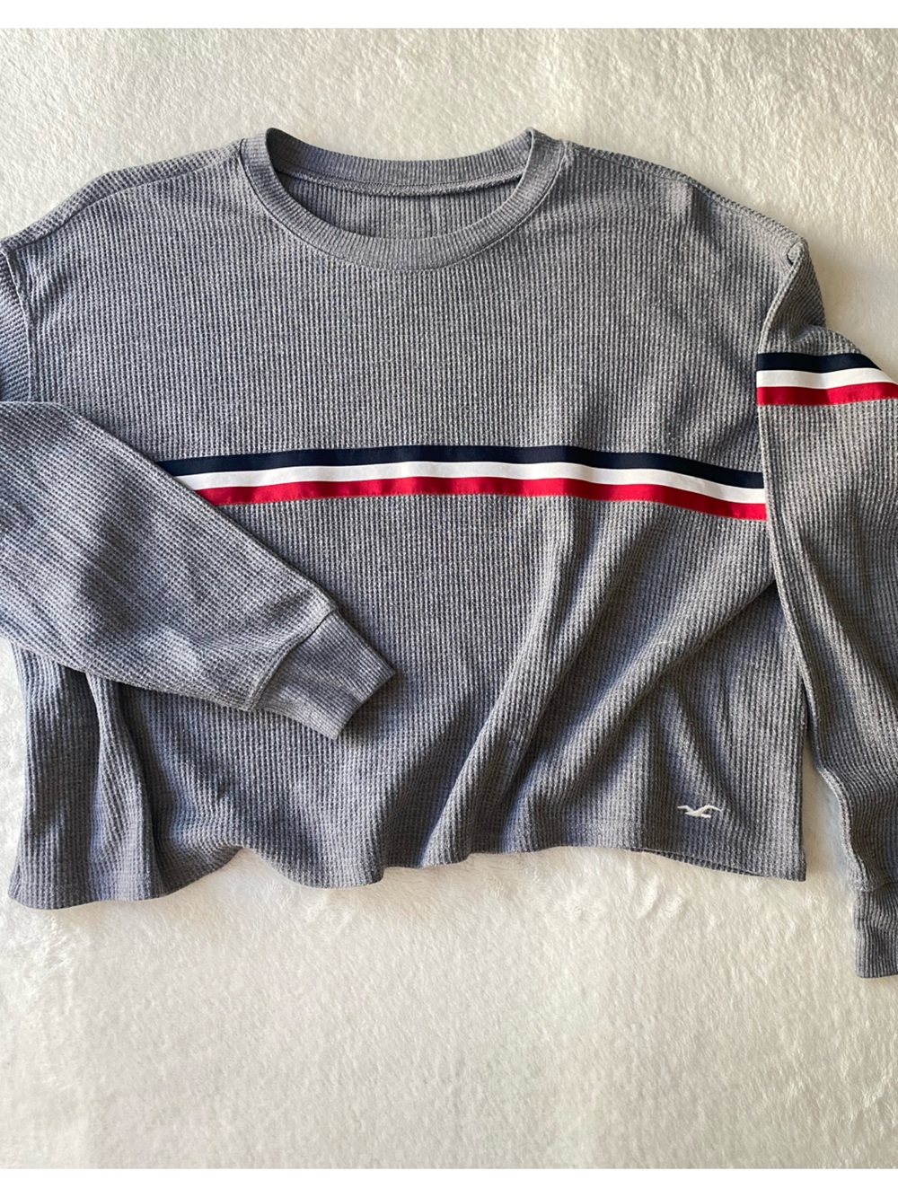 Hollister Grey Waffle Knit Striped Long Sleeve Top Size S Retro Varsity Sporty